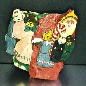 Hand Painted On Rock Christmas Design Santa Claus Teddy Bears Artist Signed